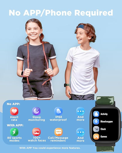 BIGGERFIVE Smart Watch for Kids, 1.8" Fitness Tracker Watch Pedometer, Heart Rate, Sleep Monitor, IP68 Waterproof, Calorie Step Counter, Puzzle Game with/without APP for Girls Boys Teen 5-16, 2 Straps