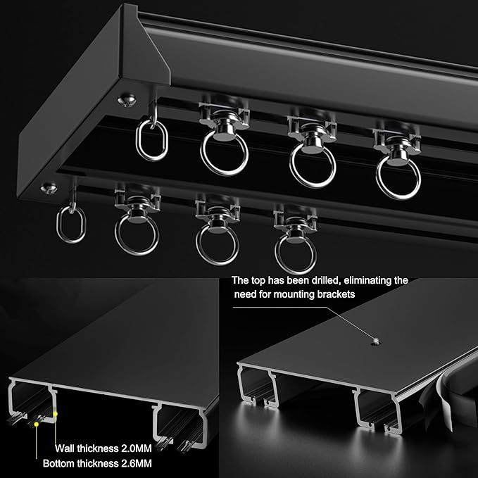 Ceiling Mounted Curtain Track System - Double Rails for Curtains & Drapes - Room Dividers - Sliding Curtain Rail for Window (balck, 2m)