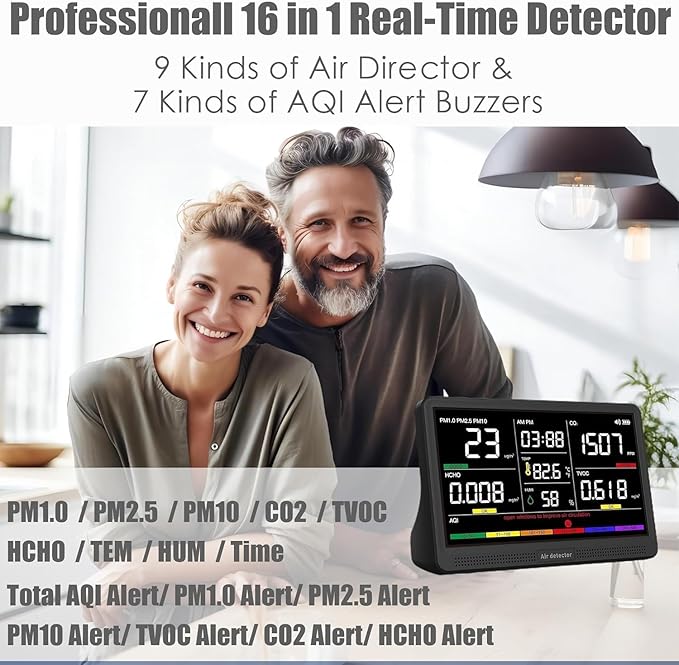 Professional Indoor Air Quality Monitor with 7X AQI Alarms,16 in 1 Portable Real-Time Detector for PM2.5 | PM10 | CO2 | TVOC | HCHO | Temp | Hum for Home Cars Plants Pets