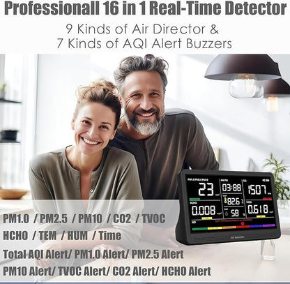 Professional Indoor Air Quality Monitor with 7X AQI Alarms,16 in 1 Portable Real-Time Detector for PM2.5 | PM10 | CO2 | TVOC | HCHO | Temp | Hum for Home Cars Plants Pets