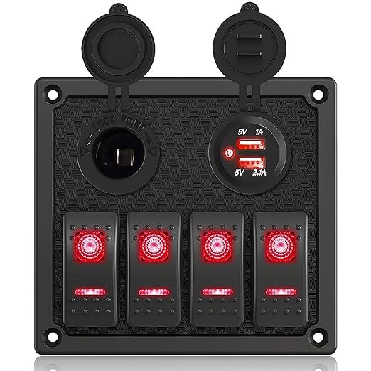 4 Gang Rocker Switch Panel, Multi-Function LED On-Off Switch with 3.1A Dual USB Charger, 12/24V Waterproof Marine Wired Toggle Switch Panel for Automotive Cars Marine Boats RVs SUV (Red)