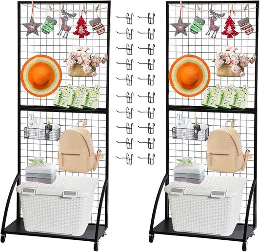 Eastern Tree Grid Wall Panels, Black Gridwall Panels Stand with Base Plate, Wire Grid Wall Panel Display with Wheels, Craft Show Display Rack, Retail Display with 20 Pieces Hooks, 2 Packs 2.5'x 6'