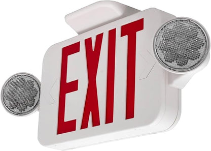 LFI Lights® Compact COMBO, UL 924 Listed Exit Sign with Emergency Lights, Red LED, White, 120/277VAC Hardwired with Battery Backup, Optional Double Face and Knock Out Arrows COMBOJR2RWBB