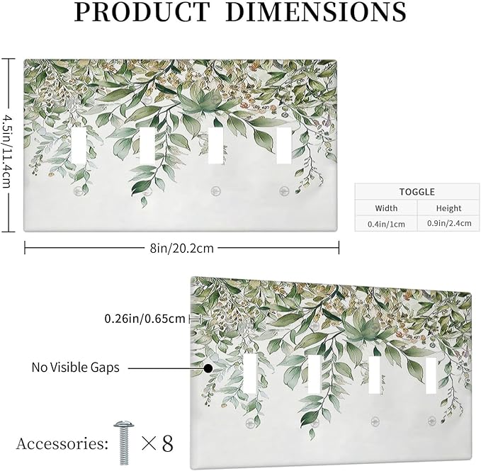 Light Switch Covers Sage Green Eucalyptus Watercolor Plant Leaves Quad Toggle Electrical Faceplate 4 Gang Wall Plate Decorative Switch Plates for Bedroom Bathroom Decor