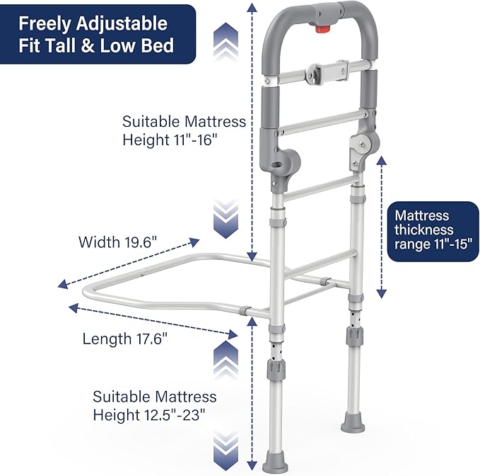Foldable Bed Rails for Elderly Adults Safety - Heavy Duty Bed Rail for Seniors with Adjustable Height,Bed Side Rails with Motion Sensor Light and Storage Pocket,Fits King Queen Full Twin Beds,400LBS