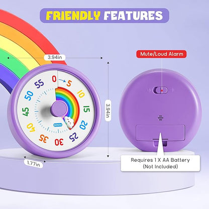 HIPPIH Visual Timer for Kids, 60 Minute Countdown Timers for Classroom Kitchen Office, Rainbow Disk Desk Timer Clock with Silent Operation, Pomodoro Timer Time Management Tools for Toddler ADHD Purple