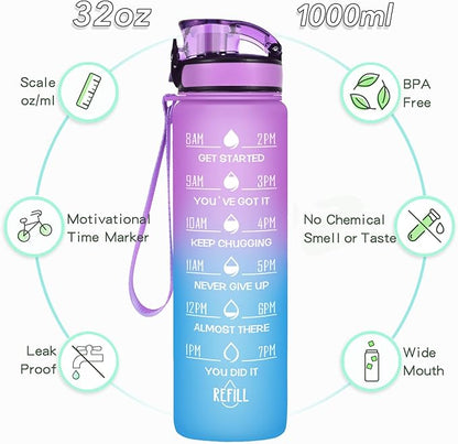 Enerbone Water Bottle, Leakproof BPA & Toxic Free, Motivational Water Bottle with Times to Drink and Straw, Fitness Sports Water Bottle with Strap for Office, Gym, Outdoor Sports