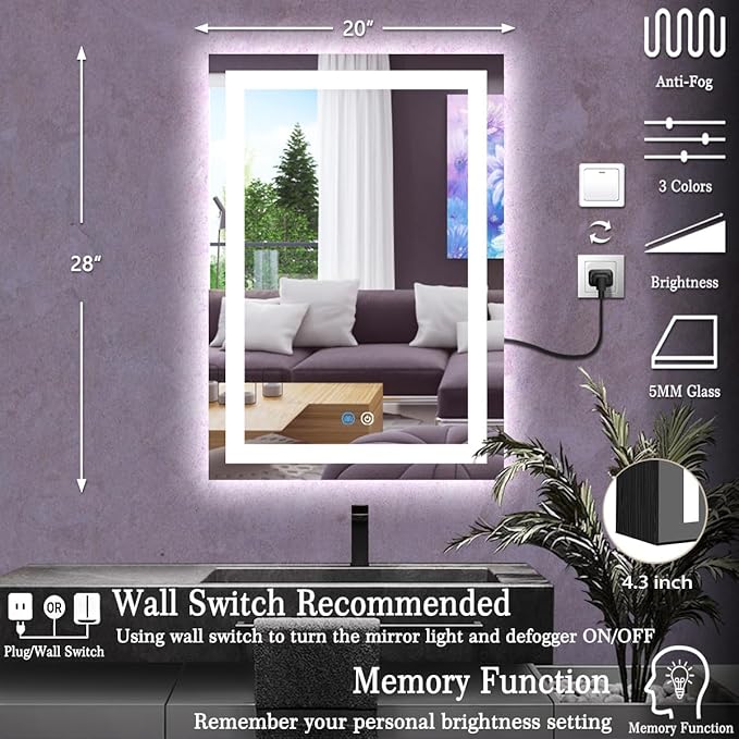 20 x 28 Inch Black Wood Led Medicine Cabinet Mirror with Lights Storage Wooden Cabinets Smart Memory 3 Color Dimmable AntiFog 28" Bathroom Lighted Medicine Cabinet with Mirror and LED Light