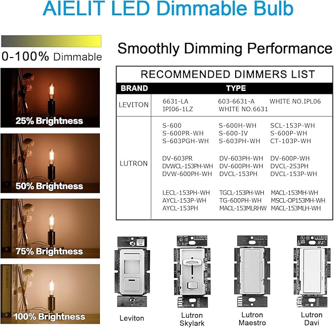 Dimmable T8 Antique LED Light Bulb, E12 Small Candelabra Base, 60W Equivalent Tube Soft White 3000K, 600 Lumens, 6-Watt Filament Edison Bulb for Chandelier, Home, Clear Glass (8-Pack)
