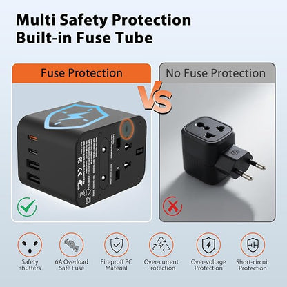European Travel Plug Adapter, Universal Travel Adapter with PD Fast Charging, 5-Port (1 AC/2 USB-A/2 USB-C) International Power Adapter with Fuse Surge Protection for US EU UK AU - Black
