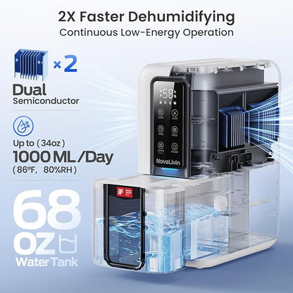 Dehumidifier for Home, Dehumidifiers for Bathroom, Bedroom, Living room, Closet with 68 OZ Water Tank, Moisture Absorbers, Auto Shut Off, Auto Humidity Control, 7 Colors LED Light, White
