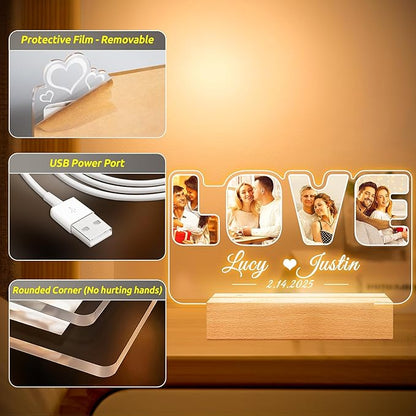 Custom Picture Frames with Photo, Personalized Photo Frame with Night Light, Customized Picture Frame, Personalized Anniversary Valentines Day Gifts for Women Men Her Him Girlfriend Boyfriend Couple