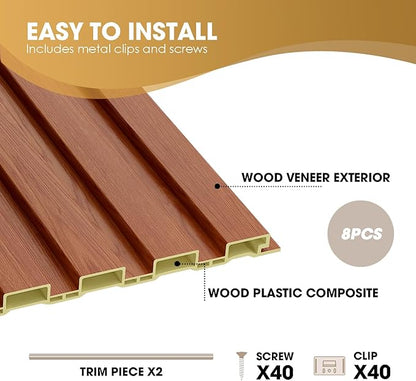 OUZUGIE WPC Acoustic Slat Wall Paneling, 8-Pack 96 x 6 Inches 3D Wall Panels for Interior Wall Decor,Living Room,TV Background,Study Room,Office Spaces,Bedroom,Low Grille (Teak)