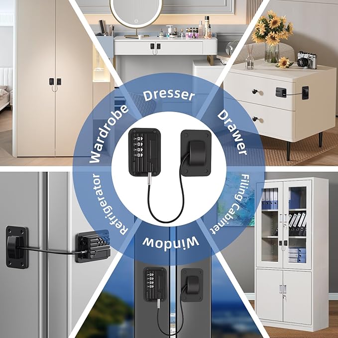 Refrigerator Lock, Heavy Duty Fridge Locks for Kids, Freezer Lock with Combination for Refrigerator Drawer Cabinet Safety, Easy to Install No Keys Needed Black
