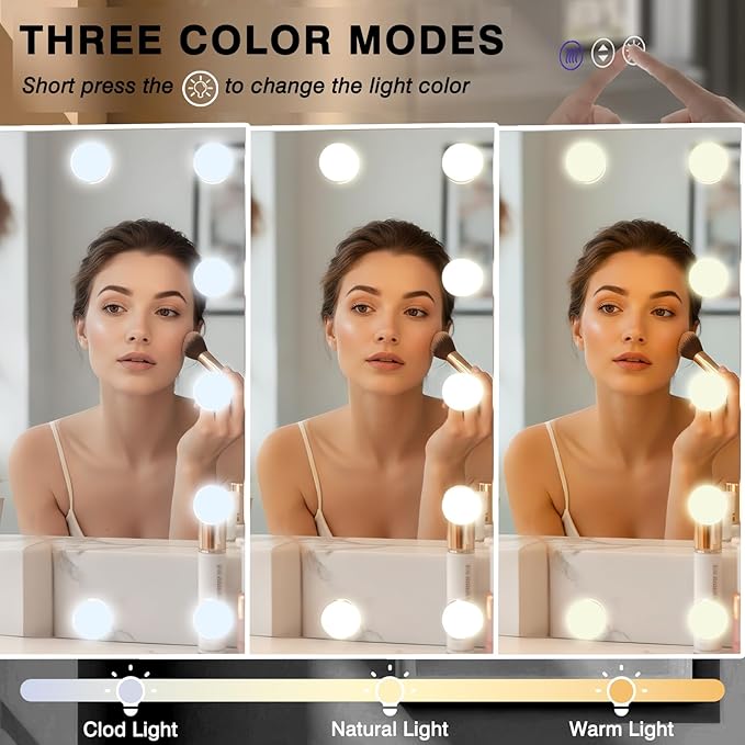 48x36 Hollywood Lighted Mirrors for Bathroom Wall, Smart Mirror for Bathroom with Dimmable LED Bulbs, 3 Color Temperatures, No Fog Mirror, Tempered Glass, Memory, Horizontal/Vertical