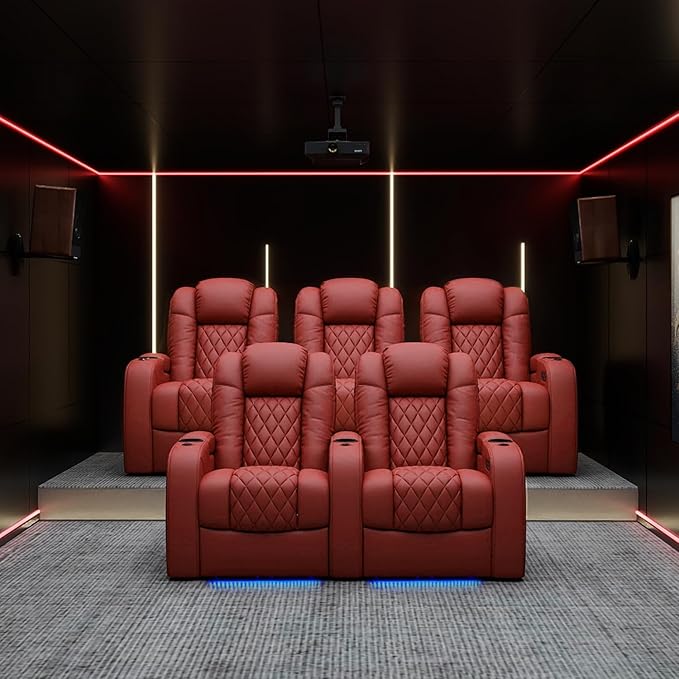 Weilianda Home Theater Seating Top Grain Leather Zero Gravity Recliner Chair Power Headrest Recline Movie Seat Gaming 7 Colors Mood Light Sofa with Tray Table USB Charge Row of 3 Loveseat Left Red