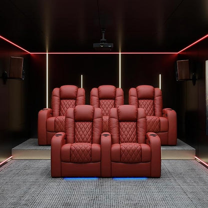 Weilianda Home Theater Seating Top Grain Leather Zero Gravity Recliner Chair Power Headrest Recline Movie Seat Gaming 7 Colors Mood Light Sofa with Tray Table USB Charge Row of 3 Loveseat Left Red