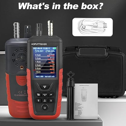 Portable Particle Counter, Handheld Dust Monitor 1000μg/m³PM2.5 Detects 6-Channel 0.3μm-10μm Particles, 14644-ISO9 Level Standard Air Pollution Monitor w/Temp & Humidity for Indoor Cleanroom