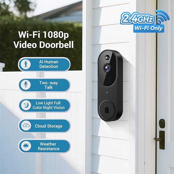 1080P Smart Wireless Video Doorbell Camera, Night Vision, Real-Time Alerts, AI Human Detection, Two-Way Talk, Cloud Storage, Night Vision, Battery Rechargeable(Receiver not Included)