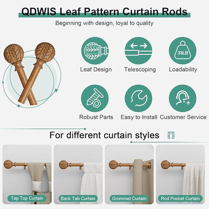 Boho Wood Curtain Rods for Windows 28 to 48 inch,1" Adjustable Heavy Duty Window Curtain Rod with Imitation Wood Grain Finials,Rustic Decorative Drapery Rods Set,Size:18-60'',Natural Wood