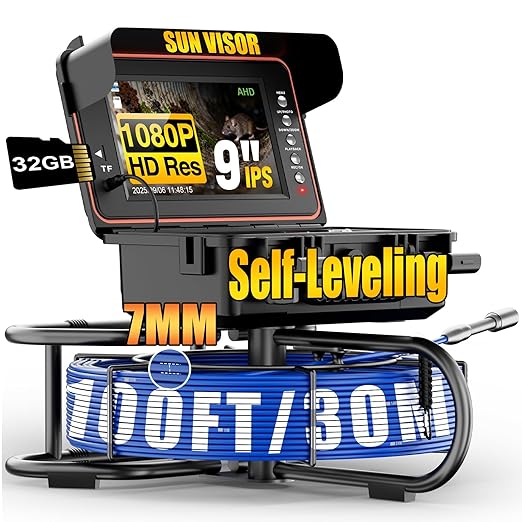 Sewer Camera, Self Leveling Drain Camera 100ft with Meter Counter, 9" HD Plumbing Cameras Snake with 12 LED Lights, 5100mAh Battery, IP68 & 32GB DVR Recorder, Duct Sewer Line Pipe Inspection
