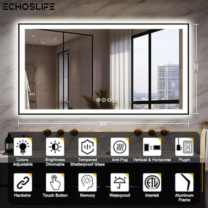55x30 LED Bathroom Mirrors for Wall -Black Aluminum Framed (Front and Backlit), Anti-Fog Vanity Mirror With Lights,Stepless Dimmable Lighted Mirror,3 Colors Smart Mirror(Horizontal/Vertical)