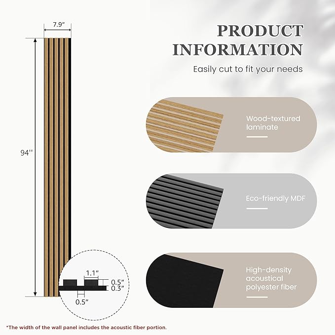 Wood Salt Acoustic Wall Panels, 6 Piece 94" x 7.9" x 0.8" Soundproof Wooden Wall Panels, 3D Fluted Sound Absorbing Panel, Teak