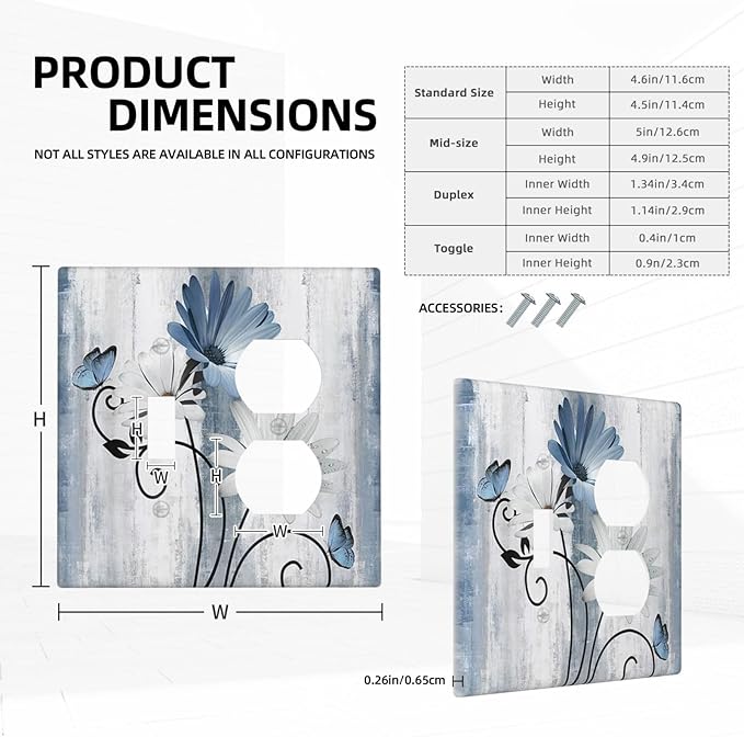 Decorative Outlet Covers Rustic Blue White Daisy Ink Flower 2 Gang Light Switch Cover Plate Single Toggle Duplex Wall Plates for Electrical Outlets Switch Plate Covers for Bedroom Home Decor