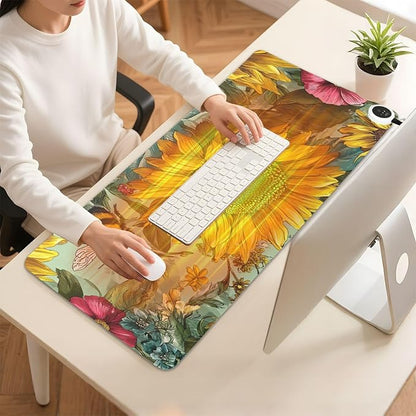 Heated Desk Pad Mouse Pad 31.5x13 Inch PU Leather Desk Mat with 3 Heat Levels Large Mouse Gaming Computer Laptop Mat Bees Sunflowers Leaves Green
