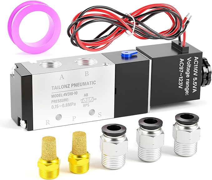 TAILONZ PNEUMATIC 3/8"NPT 110V Solenoid Valve 4V310-10 12V/24V/110V/220V Single Coil Pilot-Operated Electric 2 Position 5 Way Connection Type（Outlet wire）