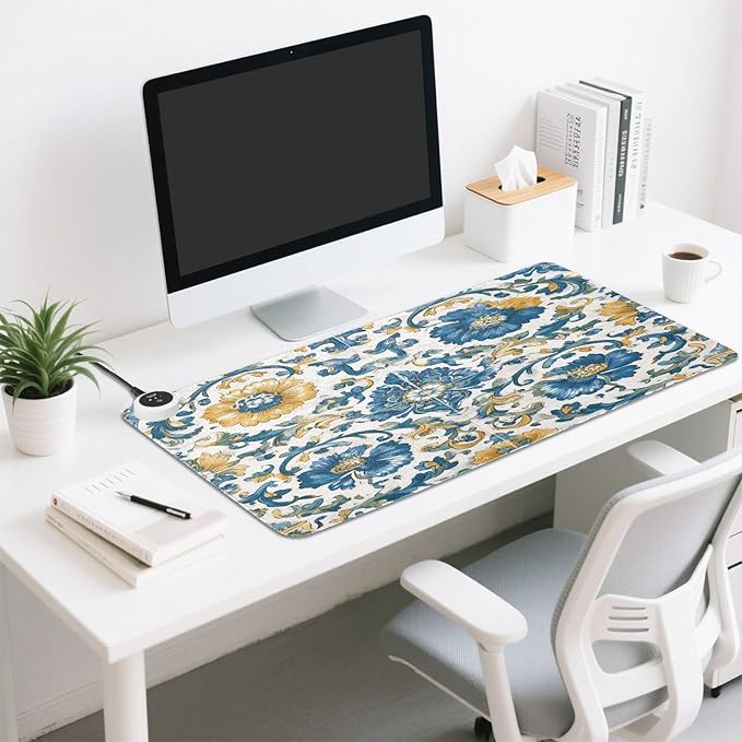 Heated Desk Pad Mouse Pad 31.5x13 Inch PU Leather Desk Mat with 3 Heat Levels Large Mouse Gaming Computer Laptop Mat Floral Blue and Yellow Tile