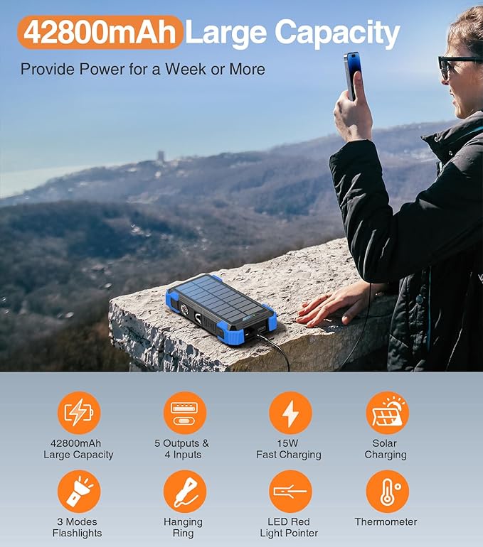 Solar Charger Power Bank, 42800mAh Wireless Portable Charger with USB-C in/Output, QC3.0 Fast Charging 15W 4 Ports Outdoor Battery Pack Built-in LED Flashlight, for iPhone, Galaxy, iPad etc