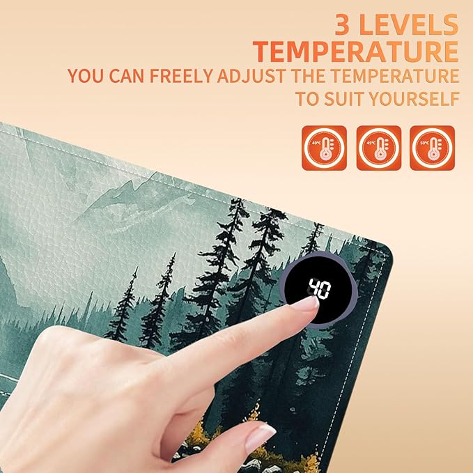Heated Mouse Pad 31.5x13 in 3-Temp Fast Heating Desk Mat with Auto Timer Warmer for Hands Wrist Pain Relief Waterproof Keyboard Mat for Office, Gaming, Home, Forest Reflections