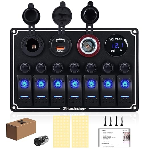 7 Gang Marine Boat Switch Panel with Dual USB Charger & Voltmeter, Waterproof Aluminum Rocker Switch Panel for Marine Automotive Truck RV Trailer with Lighter Socket Press Protector, 12/24V Black