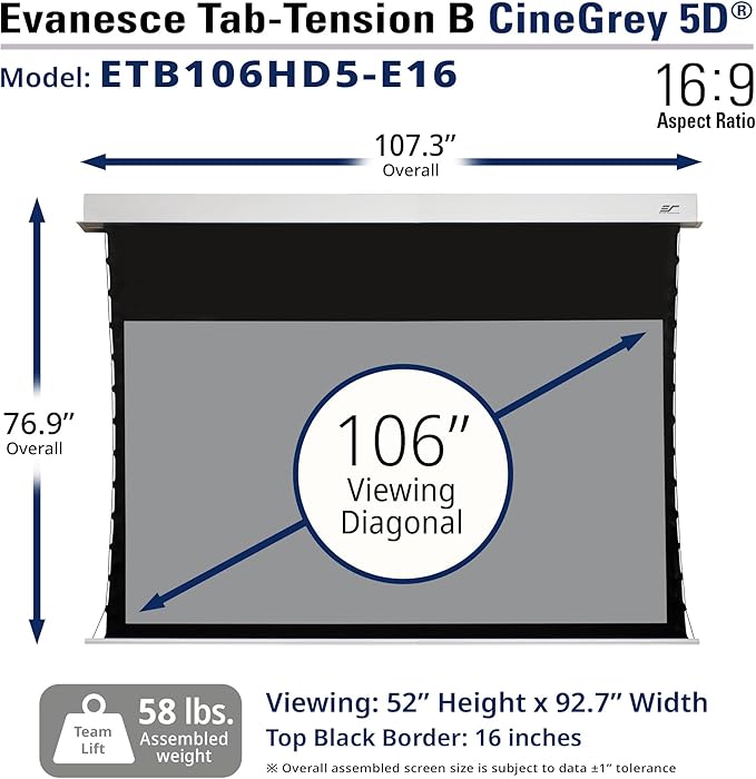 Elite Screens Evanesce Tab-Tension B CineGrey 5D, 106-inch 16:9, in Ceiling Concealed Electric Motorized Drop Down Projector Screen w Ambient Light Rejecting CG5D Projection Material, ETB106HD5-E16