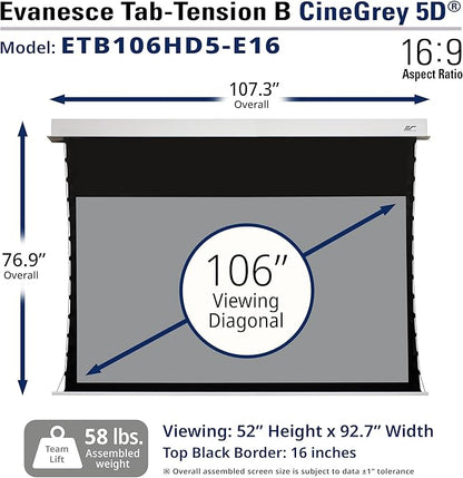 Elite Screens Evanesce Tab-Tension B CineGrey 5D, 106-inch 16:9, in Ceiling Concealed Electric Motorized Drop Down Projector Screen w Ambient Light Rejecting CG5D Projection Material, ETB106HD5-E16