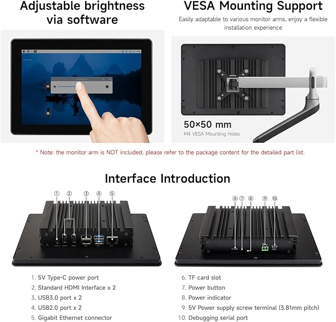 Industrial HMI All-in-one 10.1inch Touch Display Compatible with Raspberry Pi 4 (Included), Supports Dual 4K HDMI Output, 10-Point Touch, Aluminum Alloy Case @XYGStudy (PI4-HMI-101D)
