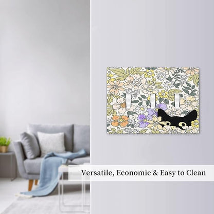 Decorative Light Switch Plate Covers Cute Black Cat in a Flower Patch Botanical Garden 3 Gang Artistic Wall Plate Unique Triple Toggle Light Switch Covers for Bedroom Home Decor