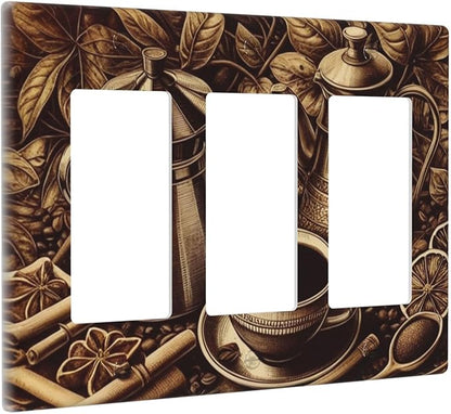 Decorative Outlet Covers Vintage Coffee Beans Leaf Cup 3 Gang Wall Plate Triple Rocker Light Switch Cover Plate Jumbo Electrical GFCI Faceplate for Kitchen Home Decor