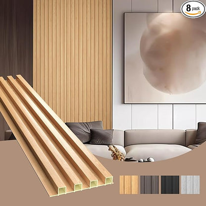 OUZUGIE WPC Acoustic Slat Wall Paneling, 8-Pack 96 x 6 Inches 3D Wall Panels for Interior Wall Decor,Living Room,TV Background,Study Room,Office Spaces,Bedroom,High Grille (Oak)