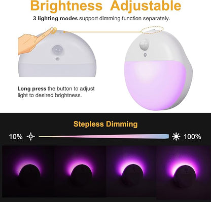 2 Pack Purple Battery Night Light, Motion Activated Night Light, 2.6" Small Sticky Lights, 3 Light Modes, Dimmable Calming Glow for Meditation, Relaxation, Bathroom, Bedroom, Travel, Violet
