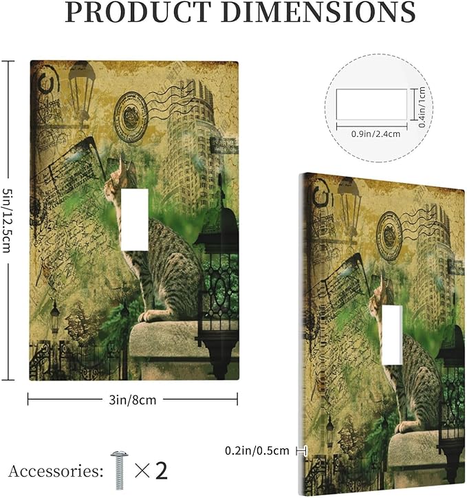 Decorative Light Switch Cover Plate Vintage Style Cat City Stamp 1 Gang Single Toggle Wall Plate Electrical Outlet Covers Decorate Switch Plate Cover for Bedroom Home Decor