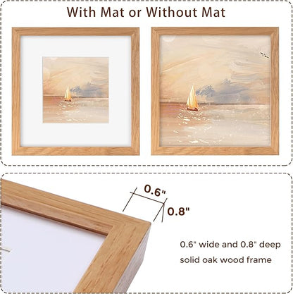 Fun Memories 12x12 Picture Frames Set of 3, Natural Oak Wood Frame With Mat for 10 x 10, Square With Tempered Real Glass, Gallery Wall Set
