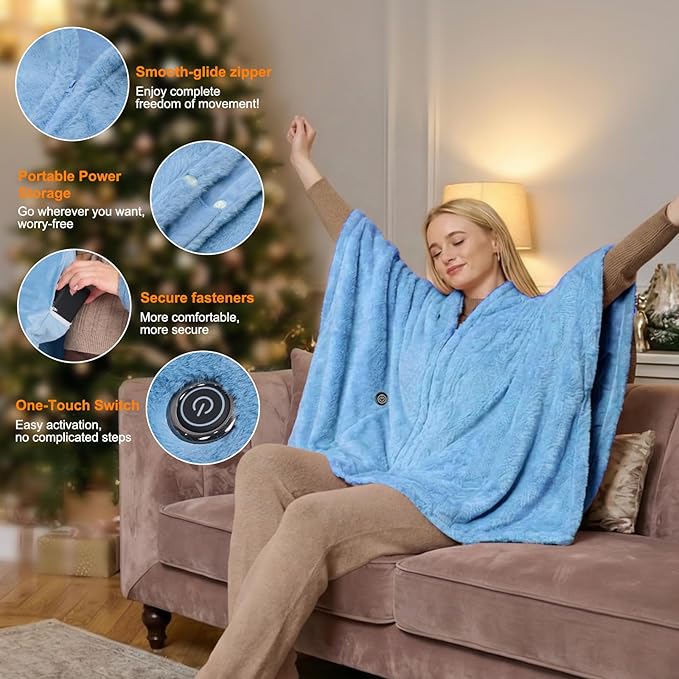 Cordless Heated Blanket Battery Operated with Fleece Lining 7.4V 16000mAh Battery Portable Wearable Heated Shawl for Women Men 6 Heating Zones 3 Fast-Heating Levels (Battery Included)