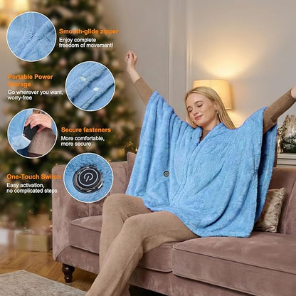 Cordless Heated Blanket Battery Operated with Fleece Lining 7.4V 16000mAh Battery Portable Wearable Heated Shawl for Women Men 6 Heating Zones 3 Fast-Heating Levels (Battery Included)