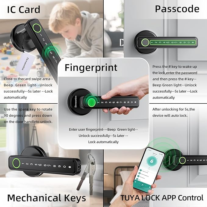 Fingerprint Door Lock Smart Door Lock with Keypad Keyless Entry Door Lock with Handle for Home Hotel Office Apartment Bedroom with Alexa (Black app Unlock) Ekwansetion