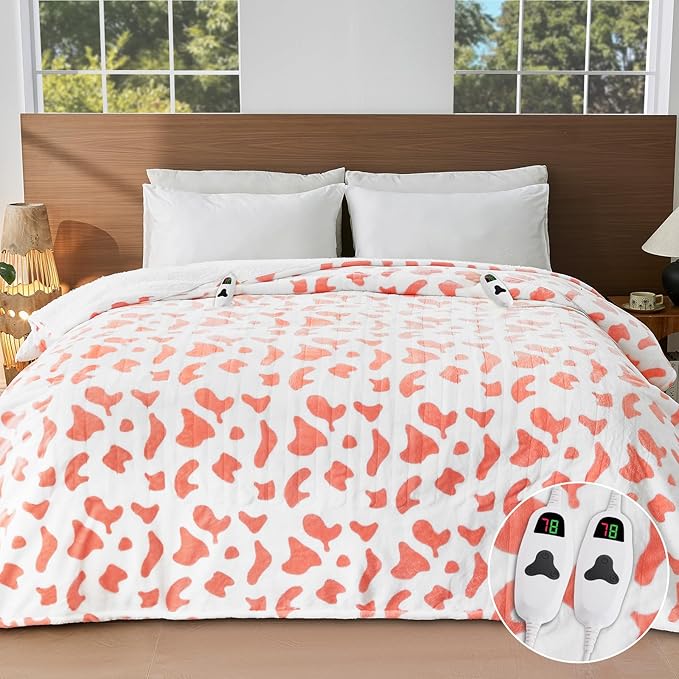 Cow Print Electric Heated Blanket Queen Size,84X90 Pink Heating Blanket Queen with Dual Control&Timer&10 Heat Levels,Cute Cow Decor Sherpa Blankets Warmer Gifts for Bed Women Adults
