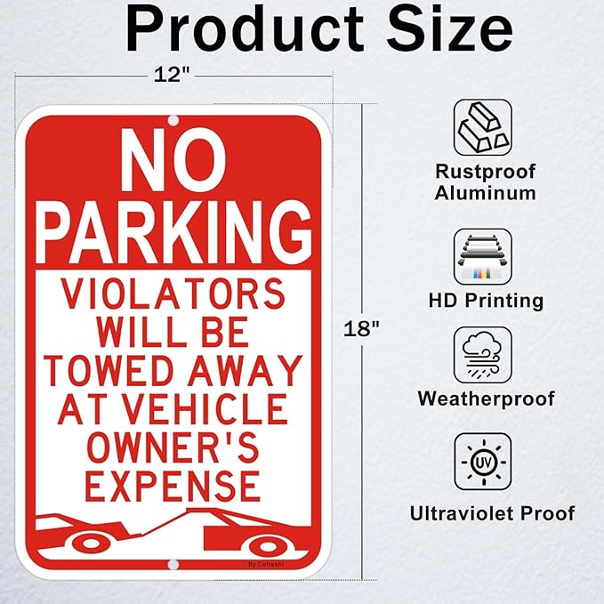 Large No Parking Sign, Violators Will Be Towed Away at Vehicle Owner's Expense Sign, 18x12 Inches Reflective Rust Free Aluminum sign, Weather Resistant, Waterproof, Fade Resistant