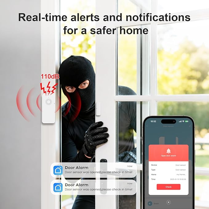 Wireless Door and Window Alarm Sensor,120dB PGST Zigbee Hub Connection Long Battery Life Door Alarms Sensor,Smart Life APP Control,Easy to Install,for Basement,Apartment,Garage,Warehouse