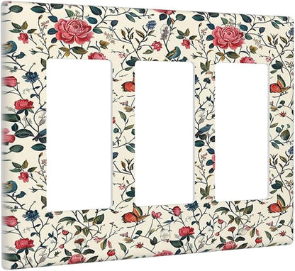 Light Switch Covers Vintage Flowers Rose Leaf Bird Butterfly 3 Gang Rocker Electrical GFCI Decorative Triple Outlet Wall Plate Cover Switchplate for Bedroom living Room Decor